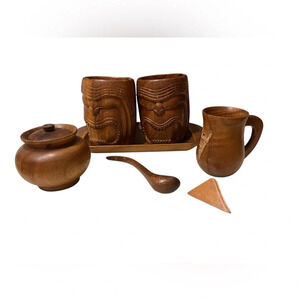 Hand Made Hand Carved Tiki Mugs, Sugar w/lid And Spoon, Creamer (broke) …